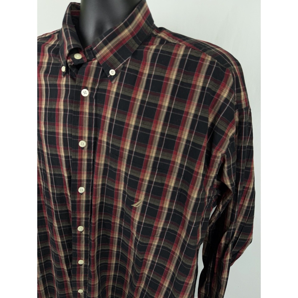 Nautica Shirt Men's XXL Button Down Black Red Cotton - Picture 3 of 6